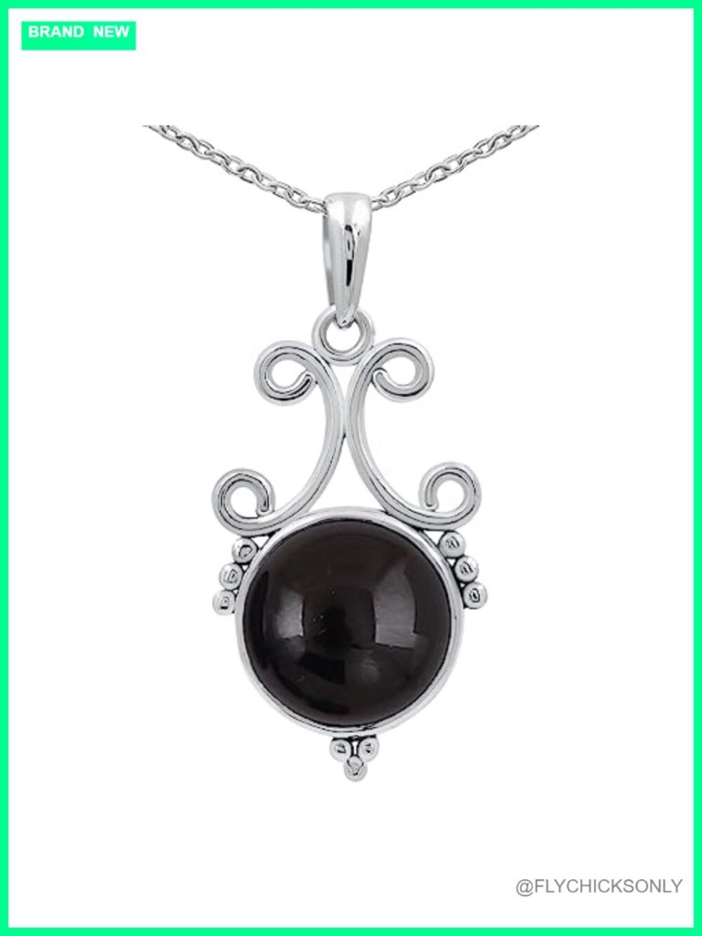 Natural Black Onyx Round Gemstone Pendant Necklace 925 Sterling Silver Plated